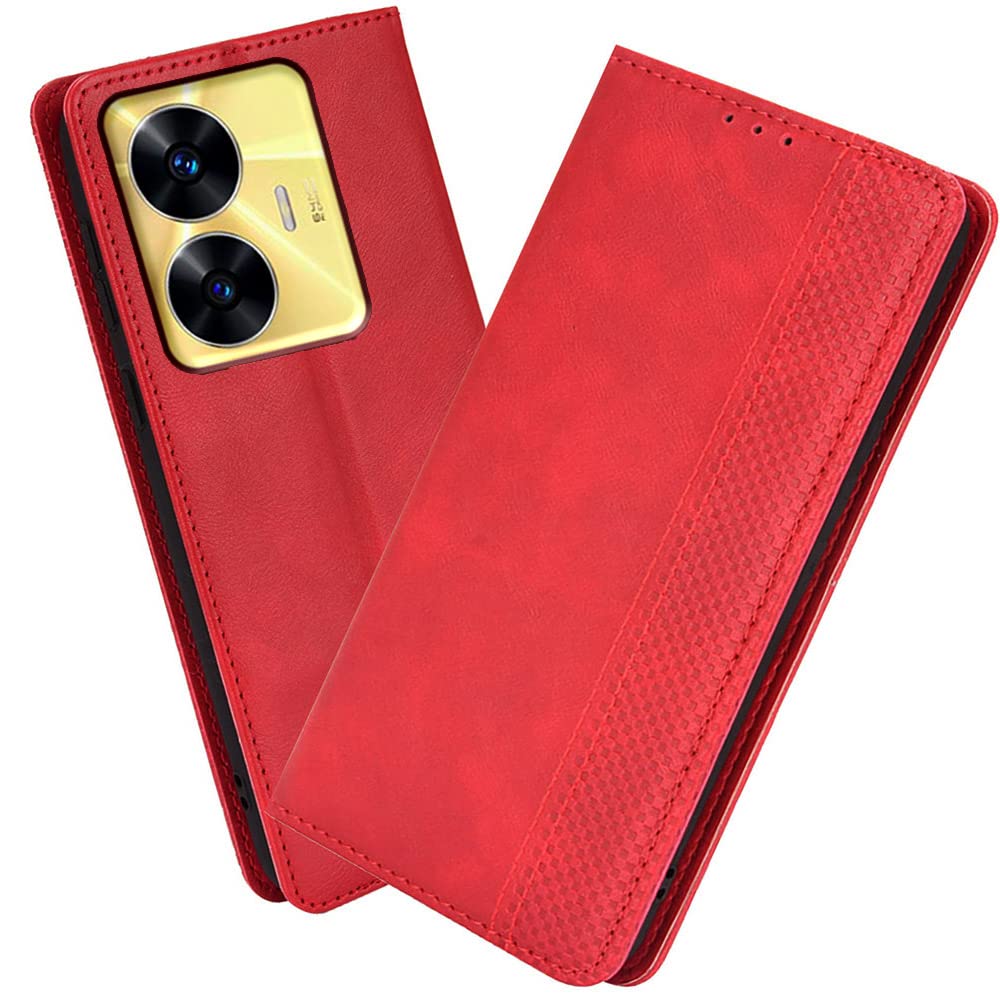 XINNI Protective Phone Case for Realme C55, PU/TPU Vintage Flip Leather Shockproof Cover Magnetic Book Style Wallet, Red — image 1