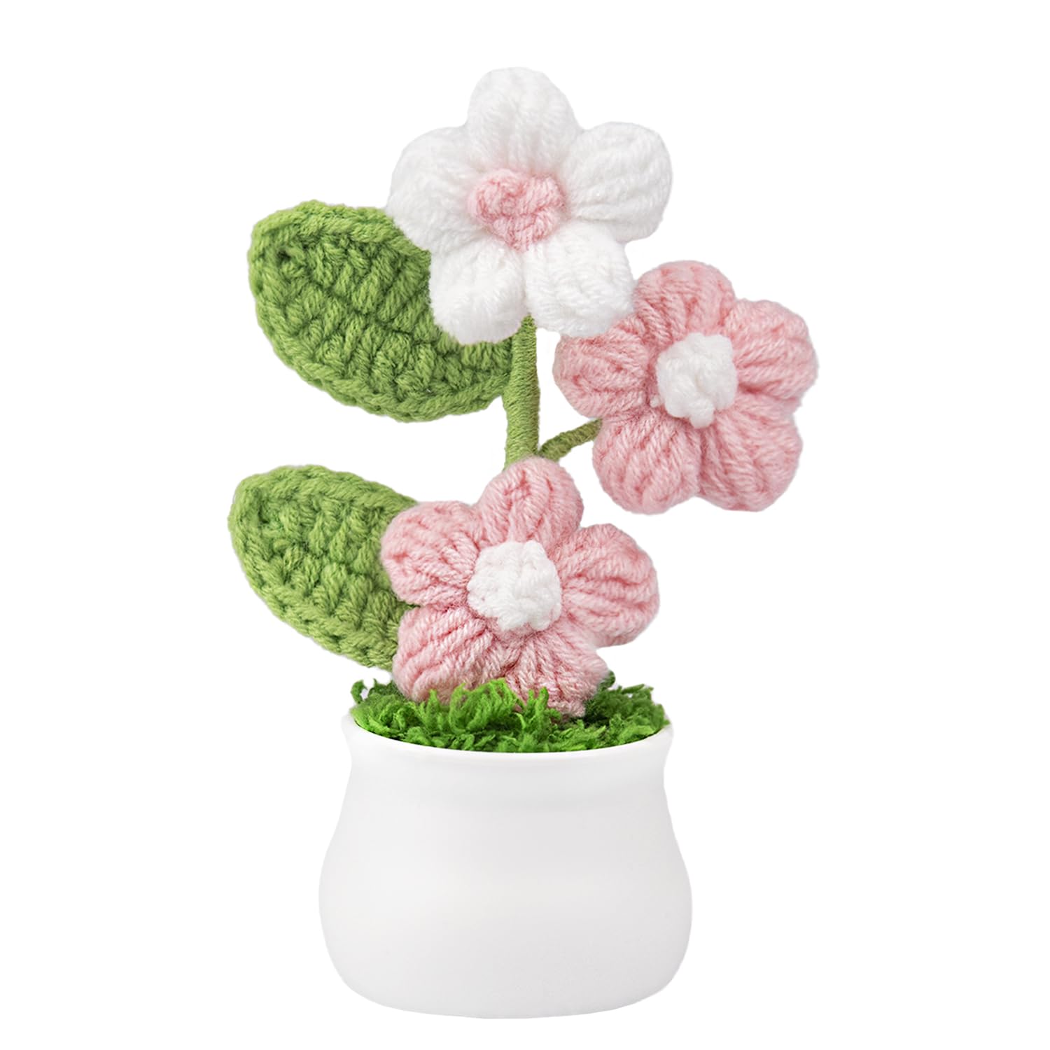 Knitting Crochet Puff Flowers Potted Plants, Gradient Colorful Flowers for Friends, Family and Lover, Handmade Flowers for Home Office Decoration, Car Decoration, Valentine's Gift. (WPink)