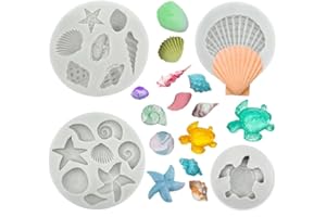 ELINKA 4 PCS Marine Theme Cake Fondant Silicone Mold Seashell Conch Starfish Coral Turtle Baking Molds for DIY Cake Decoration Chocolate Candy Polymer Clay Crafting Projects