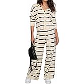 KFUBUO Women 2 Piece Lounge Sets Fall Outfits 2025 Sweatsuits Stripe V Neck Hooded Sweater Wide Leg Pants Set