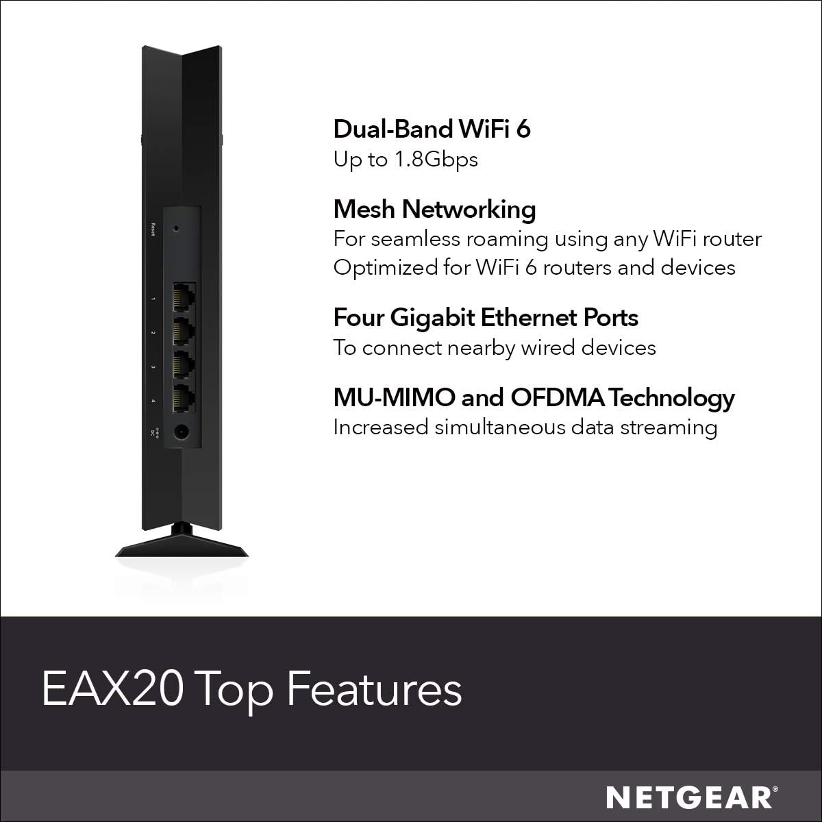 NETGEAR WiFi 6 Mesh Range Extender (EAX20) - Add up to 1,500 sq. ft. and 20+ Devices with AX1800 Dual-Band Wireless Signal Booster & Repeater (up to 1.8Gbps Speed), Plus Smart Roaming: Computers & Accessories