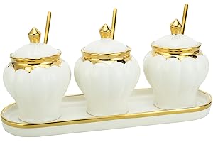 Magnitt Porcelain Condiment Jar Spice Container with Lids, Spoon and Tray, Set of 3 Ceramic Sugar Bowl Modern Spice Box Seasoning Jar for Your Home, Kitchen, Counter (White A)