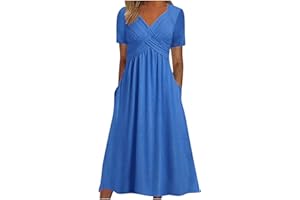 BXINGOHAI Dresses for Women Crisscross Twist Front V Neck Casual Short Sleeve Maxi Dress Pleated Beach Smocked Wedding Dress