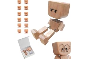 Shaking Wooden Man Figurine, Shaking Feet Woodens Doll with 12Pcs Magnetic Expressions, Handmade Desk Decor for Office & Home