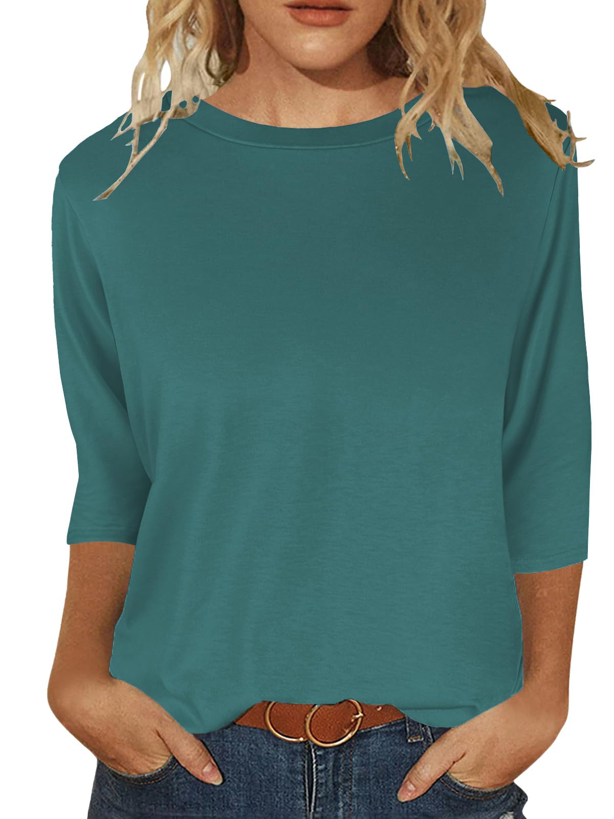 Photo 1 of JomeDesign Tshirts for Women Crew Neck Blouses 3/4 Sleeve Casual Tunic Solid Basic Tee Emerald L