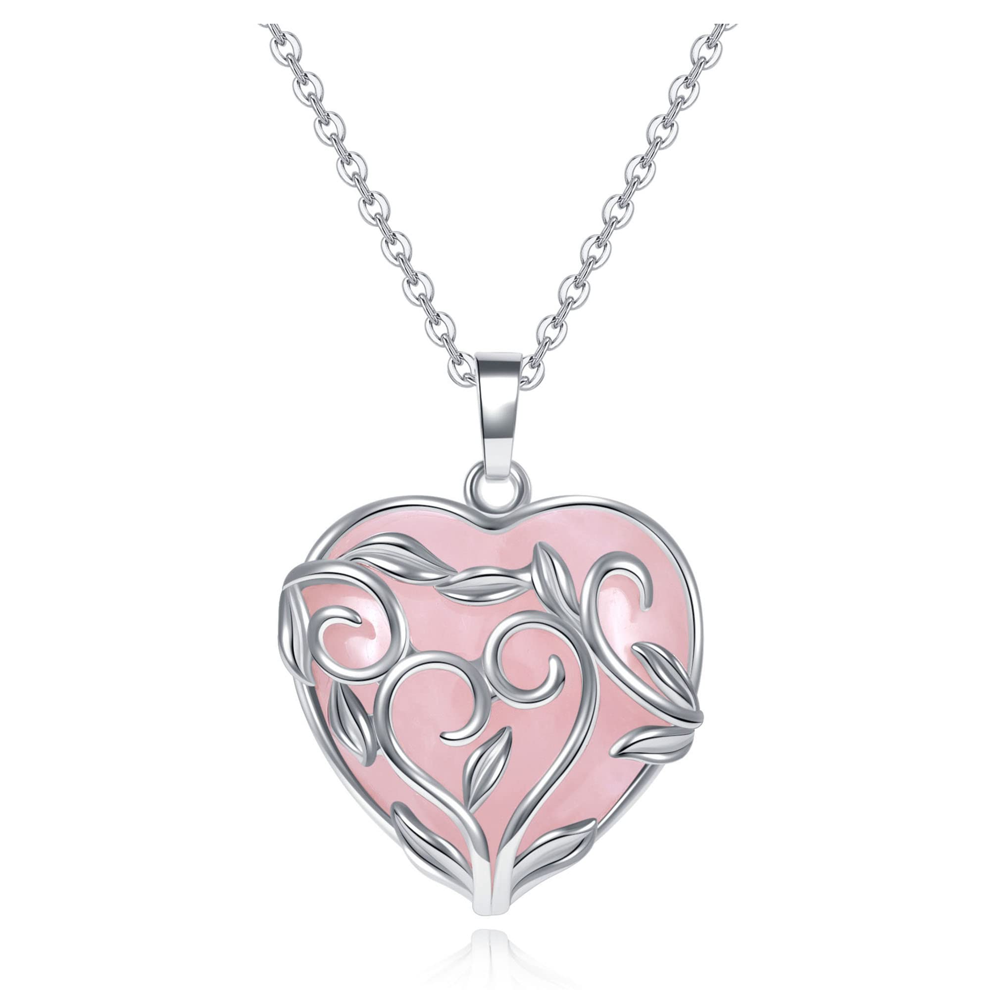 JSDDE Rose Quartz Crystal Necklace Silver Wrapped Heart Crystals Gemstone Pendant Necklaces Healing Stones Necklace for Women