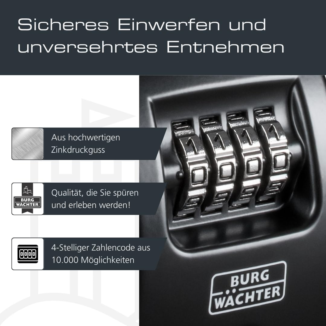 Burg Wächter Schlüsseltresor mit 4-stelligem Zahelncode für außen und innen, Sicher, Wandmontage, Key Safe 10 SB, Schwarz, KeySafe 10, Außen: 85x61x39mm (HxBxT) 4