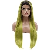 Lushy Hair Synthetic Lace Front Wig Straight Long 24inch Dark Root Light Green Ombre Heat Resistant Heavy Density Realistic Wig