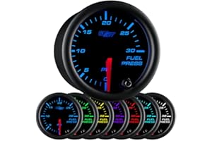 GlowShift Black 7 Color 30 PSI Fuel Pressure Gauge Kit - Includes Electronic Sensor - Black Dial - Clear Lens - for Diesel Tr