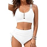 Two Piece High Waisted Bikini - Tummy Control Bathing Suit 2025 U-Wired Swimsuit Full Coverage Drawstring Swimwear White XXL