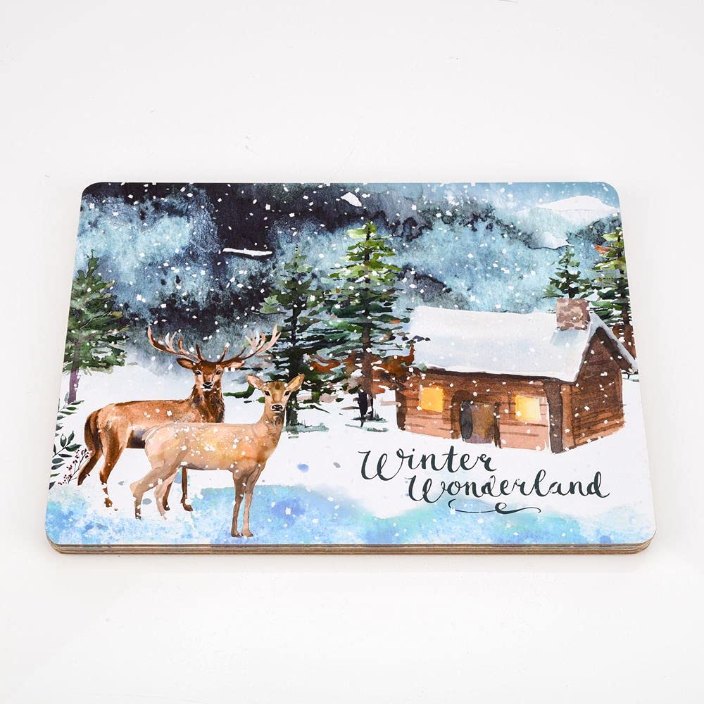 SET OF 4 PLACEMATS - DEER AND HUT SCENE"WINTER WONDERLAND" XM9323