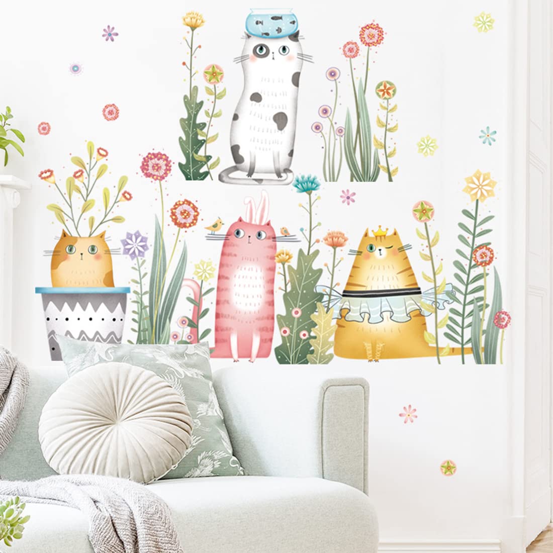 Buer Homie Cat Wall Decal and Sticker for Children, Plant Wallpaper, Wall Stickers for Kids, Flowers and Kitty Decals