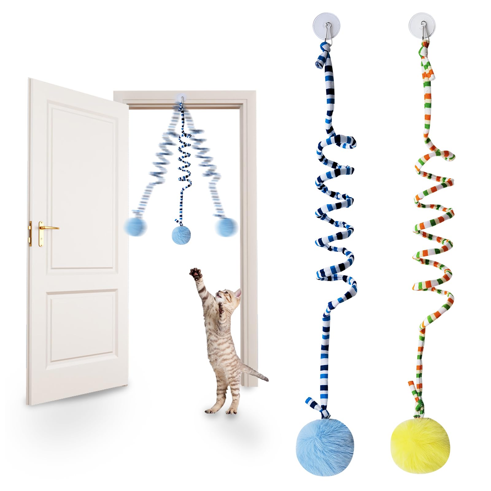 Andiker Cat Spring Toy, Self-Play Stretchable Door Hanging Cat Toy with Bell for Indoor Interactive Cat Toy, Soft Plush Ball with Spring Kitten toy for Cat Kitten Playing Exercising (Yellow+Blue)
