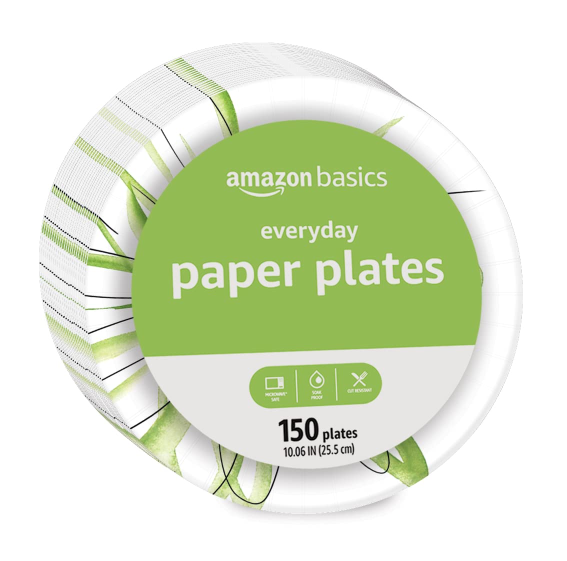 Amazon Basics Everyday Disposable Paper Plates, 10.06 Inch, Microwave-Safe, Cut Resistant, Soak-Proof, 600 Count (4-Pack of 150 Count)