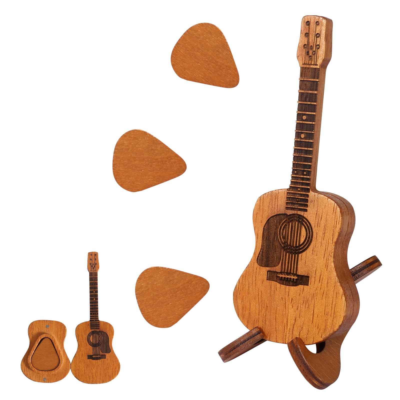 Wooden Plectrum Holder - Acoustic Guitar Pick Case With 3 Picks - Mini Guitar Box - Music Art Gift for Ukulele & Bass Players