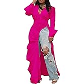 Seltaon Sexy Shirt Dresses for Women High Low Asymmetrical Tops Long Sleeve T Shirt Dress