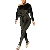 LKOUS Women Velvet Off Shoulder Jumpsuit Long Sleeve Bodycon Pants Suit One Piece Romper Party Clubwear with Belt