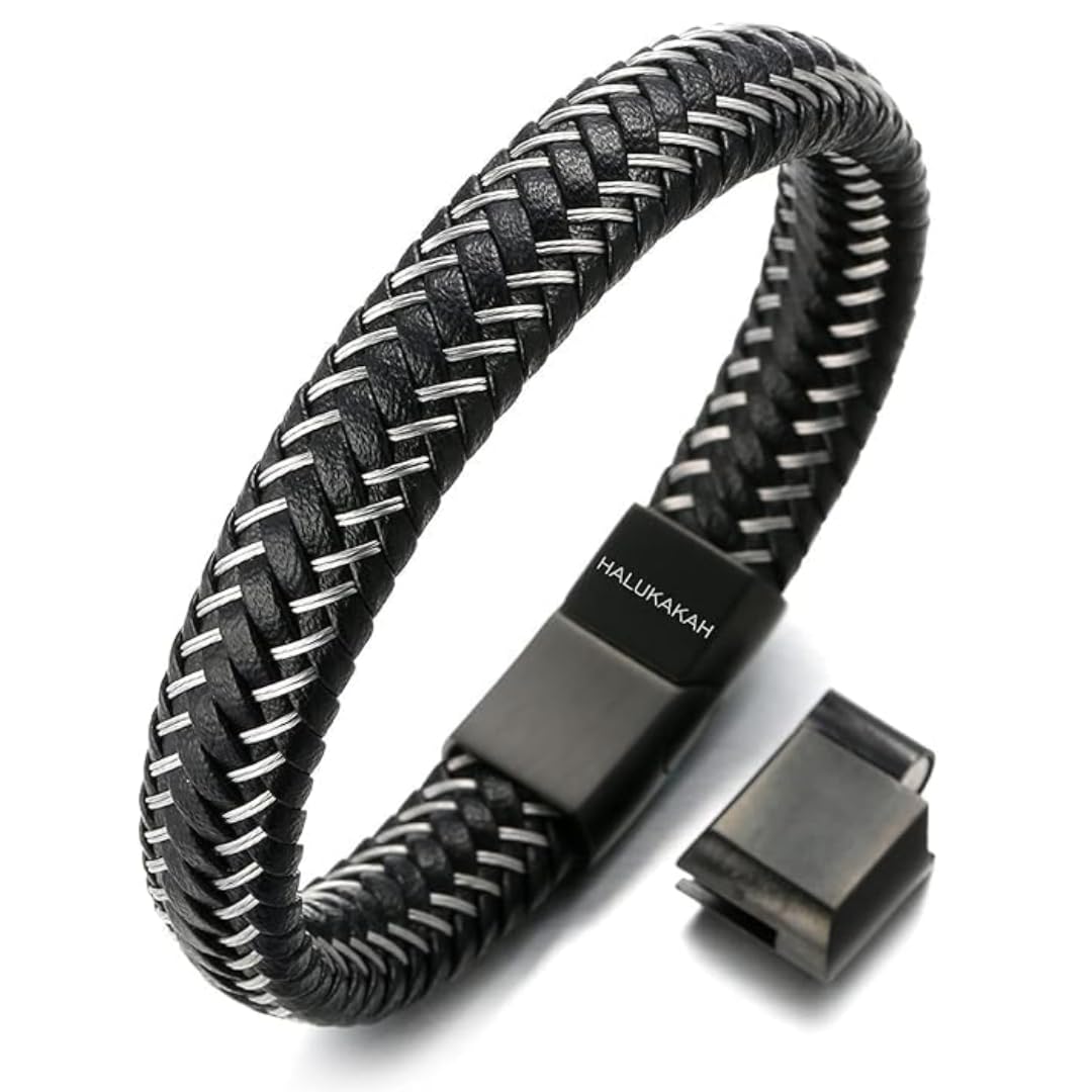 HALUKAKAH Plus ● Jazz ● Men's Genuine Leather Bracelet Titanium Magnetic Clasp Size Adjustable 8.5"-9"(21.5-23cm) with Free Giftbox (Gun Black) — image 1
