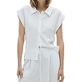 SUNNOW Women's Classic Button Down Shirt Cap Sleeve Top with Shirt Collar Straight Fit Casual Blouse for Work & Everyday Wear