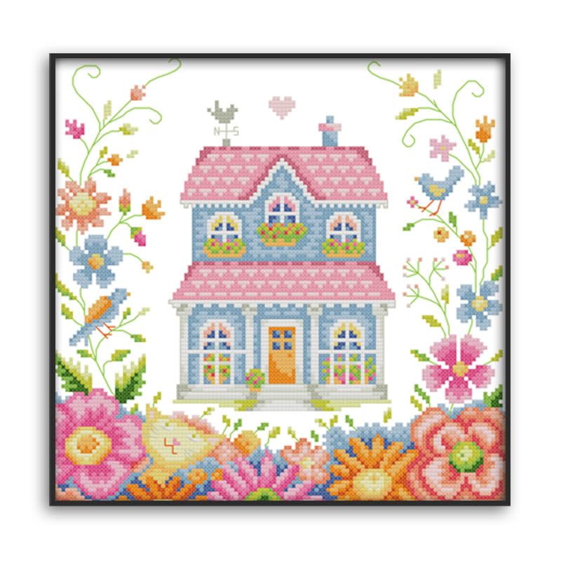 Gofission 11ct Stamped Cross Stitch Kits for Adults Beginners, The Garden Shed DIY Pre Printed Cross Stitch Embroidery Set with Accessories Wall Decor 38x37cm (Garden)