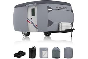 NARELECT Fiberglass Travel Trailer Cover, Upgraded Camper Cover Waterproof Fits 13'-16'W Trailers, Camping Trailer Cover with Windproof Strap, 7 Layers Fiberglass Camper RV Cover, Camper Trailer Cover, Anti-UV
