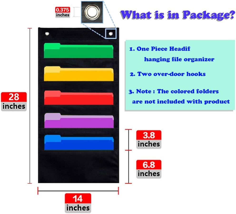 Headif Premium Door Hanging File Organizer, Cascading Wall File Storage Pocket Chart, 5 Pockets Folder Holder & 2 Hangers, Perfect for Classroom Office School and Home Use Organization : Office Products