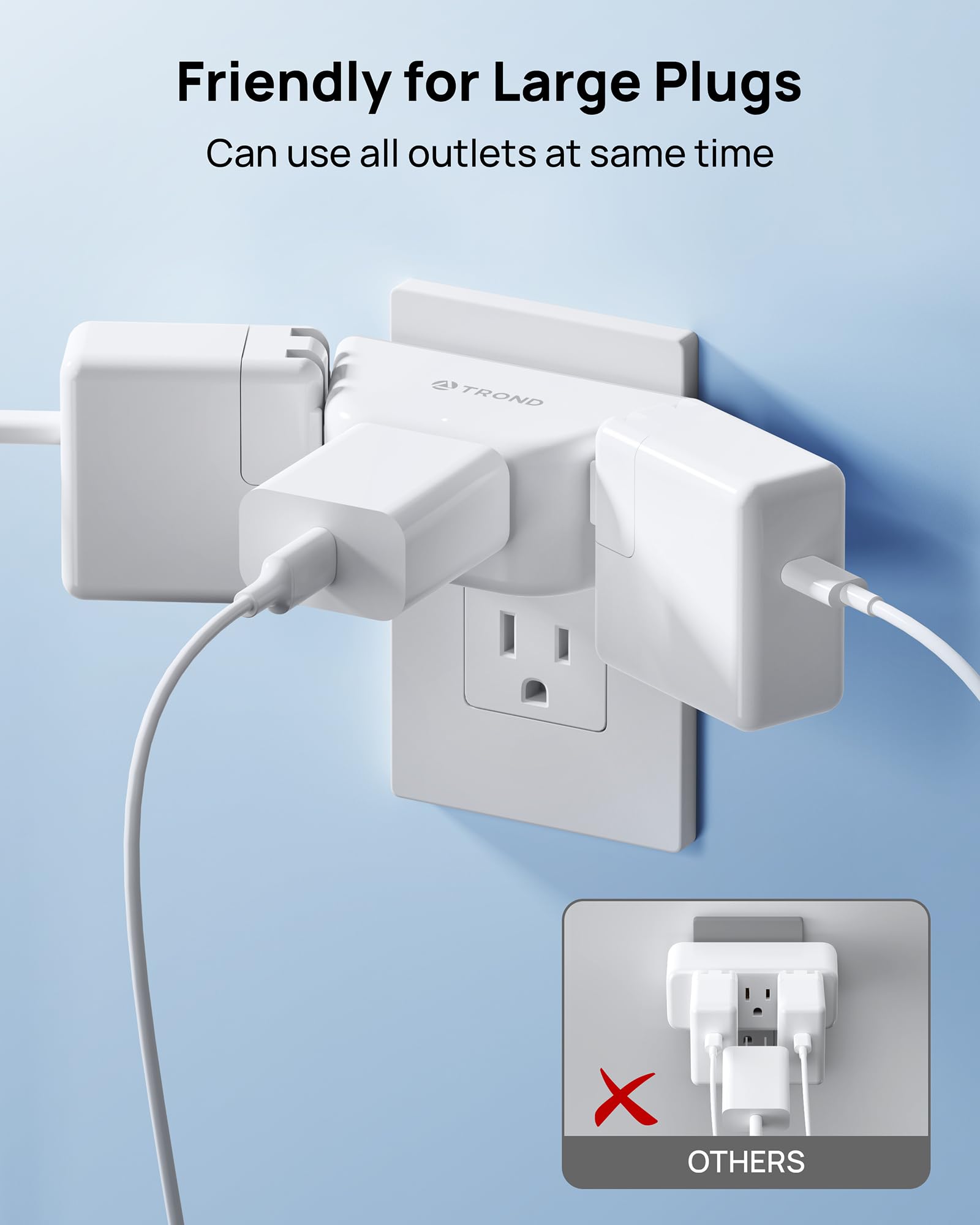TROND Multi Plug Outlet Extender 2 Pack - Electrical Wall Splitter, 3 Way Angled Wall Outlet Adapter, Cruise Essentials, Small Multiple Plug Expander for Cruise Ship Home Office Dorm Room, White