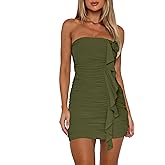 HYPERFIRE Women's Elegant Strapless Tube Ruched Bodycon 3D Floral Tassels Mini Dress Party Cocktail Dresses