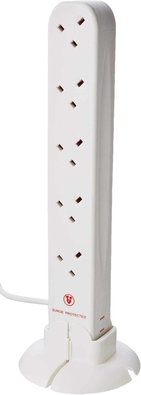 Masterplug Ten Socket Surge Protected Extension Tower, 1 Metre Cable, White