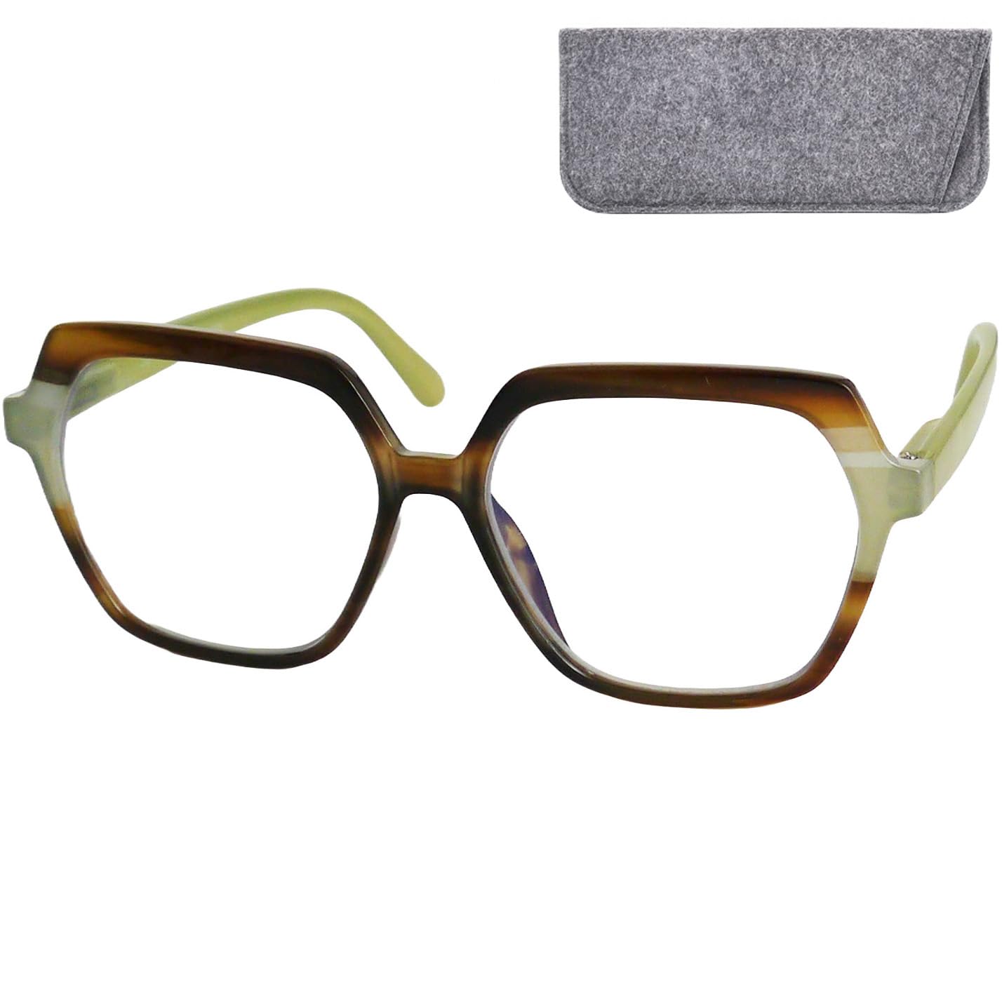Mini Brille - Modern Reading Glasses Women with Frame (Green) and Large Hexagonal Scratch-Resistant Lenses, Case included, Specs Oversize + 1.00 Magnification