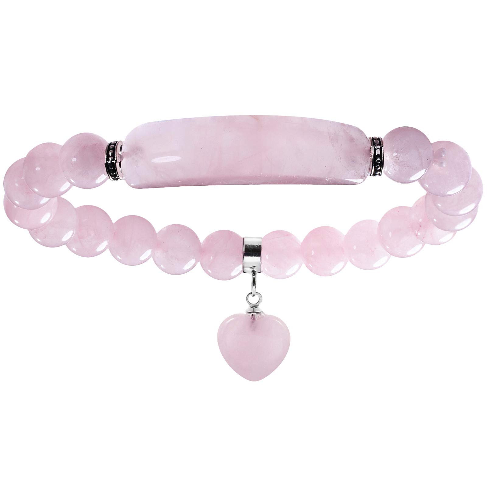Nupuyai Rose Quartz Healing Crystal Stone Bracelet for Women, Lucky Heart Charm 8mm Beads Stretch Bracelet