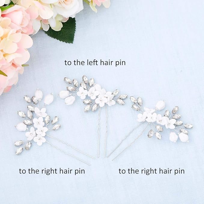 Amazon Com Unsutuo Bride White Flower Wedding Hair Pins Clips Rhinestone Silver Bridal Hair Piece Accessories For Women Set Of 3 Beauty