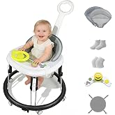 Foldable Baby Walker with Wheels, Portable 5 in 1 Toddler Activity Walkers | Adjustable Height, Music Tray, 2 Washable Seat, Removable Footrest, Knee Pads Socks, Infant Walker for Boys Girls 8-18 Months