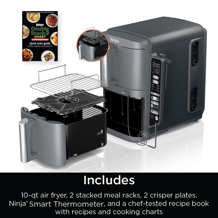 Freidora de aire inteligente Ninja DoubleStack XL de 2 cestas, sistema de cocción inteligente, tecnología DoubleStack Cocine 4 alimentos a la vez, diseño que ahorra espacio, 10 QT, 6 en 1, cocción inteligente con acabado y combinación, freír al aire, asar, hornear SL451