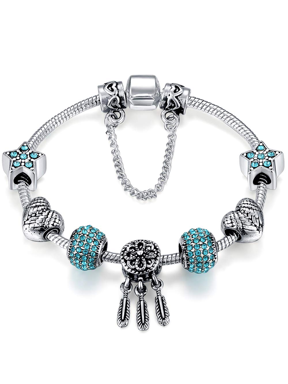Presentsk Dream Catcher Silver Plated Charm Bracelet with Angel Wings Blue Beads for Women