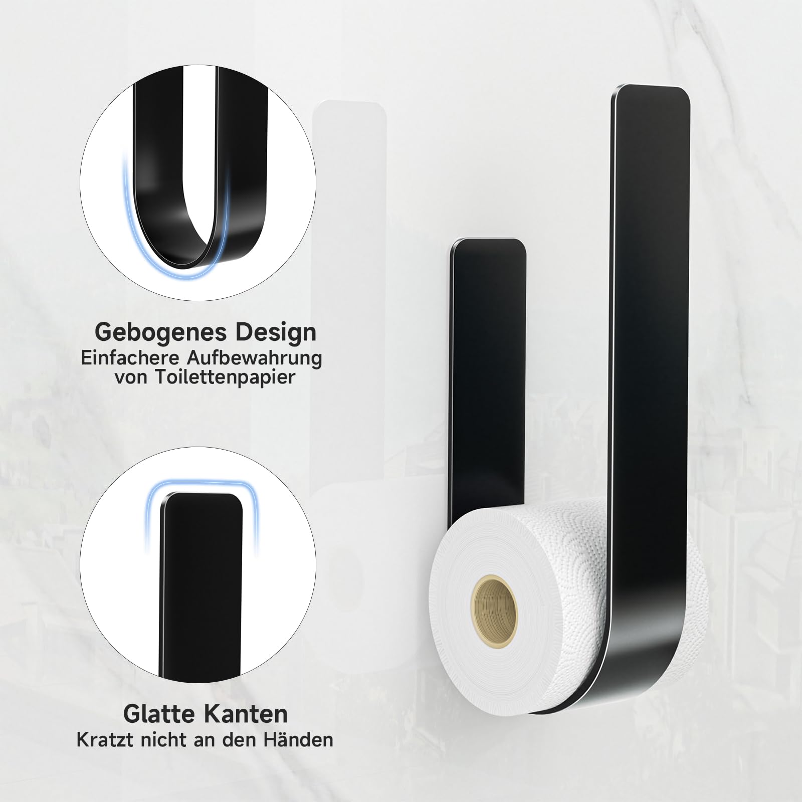 Toilettenpapier Aufbewahrung Wand, Klopapier Aufbewahrung, Toilettenpapierhalter Ohne Bohren, Ersatzrollenhalter Toilettenpapier für 3 Rollen, Selbstklebend Klopapierhalter, Schwarz 4