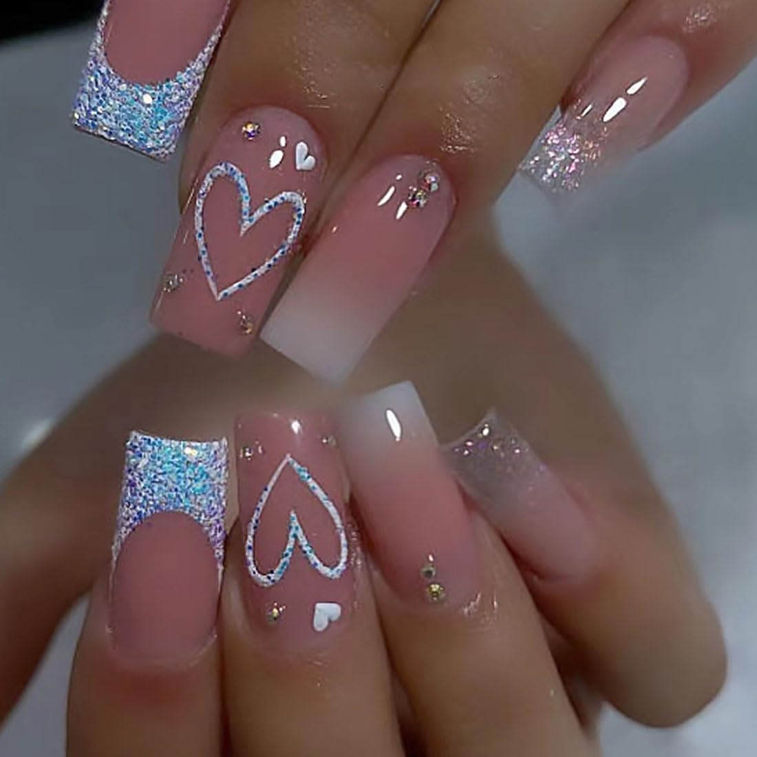 Cubahop 24pcs French Medium Square Nude Pink Nails White Flower Love Crystal False Nail Acrylic Art Gradient Fake Nails Stick on Nails for Women and Girls (B)