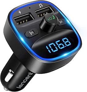 (2021 Version) LENCENT FM Transmitter, Bluetooth FM Transmitter Wireless Radio Adapter Car Kit with Dual USB Charging Car Charger MP3 Player Support TF Card &amp; USB Disk