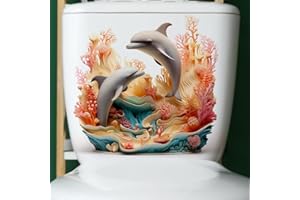 Bonfage Dolphin Coral Toilet Cover Sticker Decals,Fish Bird Flower Leaf Waterproof Toilet Lid Tank Seat Decals Cistern Self-Adhesive Bathroom Wall Sticker, White