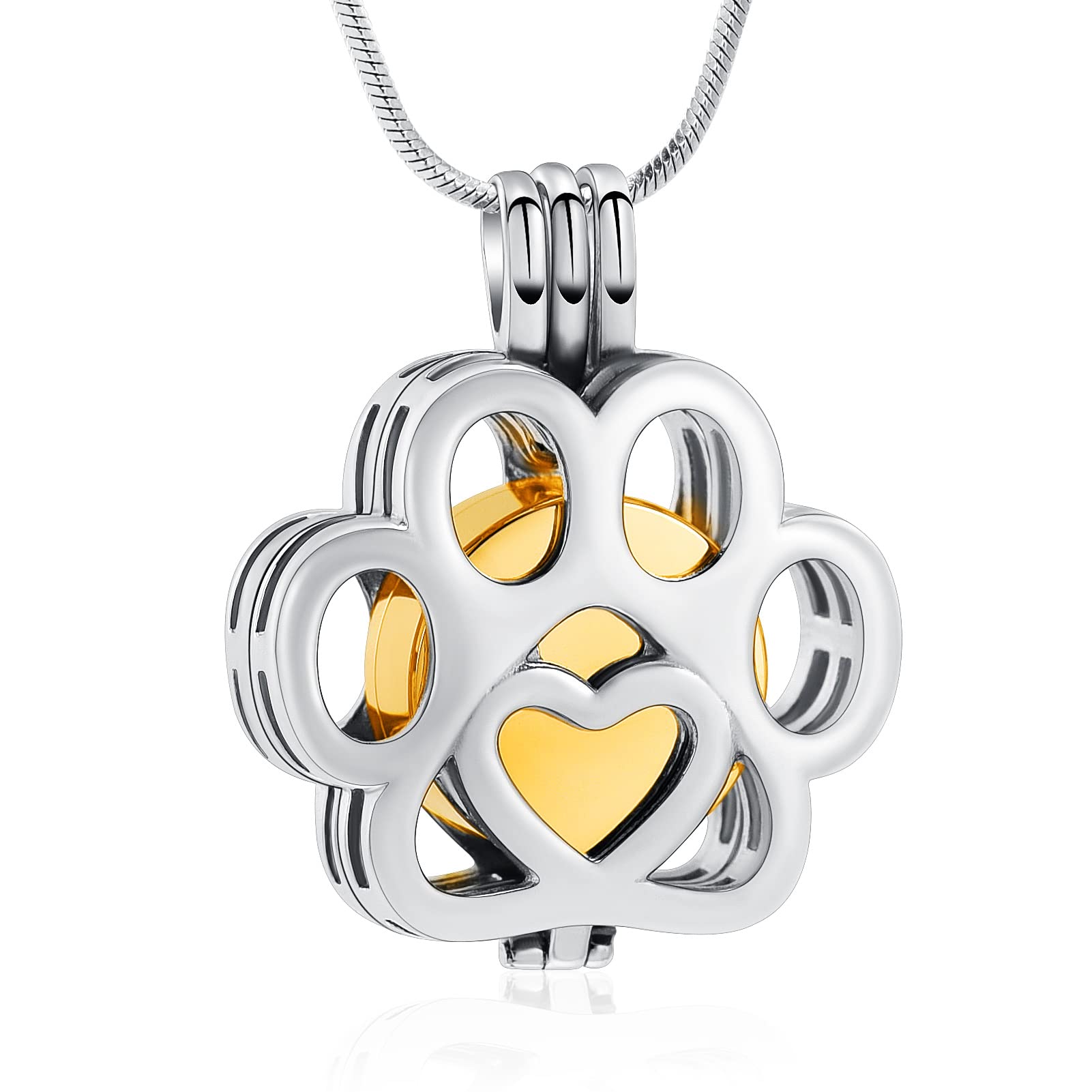 Minicremation Pet Cremation Jewelry For Ashes Paw Print Urn Necklace for Ashes Cremation Necklace for Pet Ashes Stainless Steel Ash Necklace Memorial Ash for Women Men, Silver-Gold (MC-B-20023-N-SG)