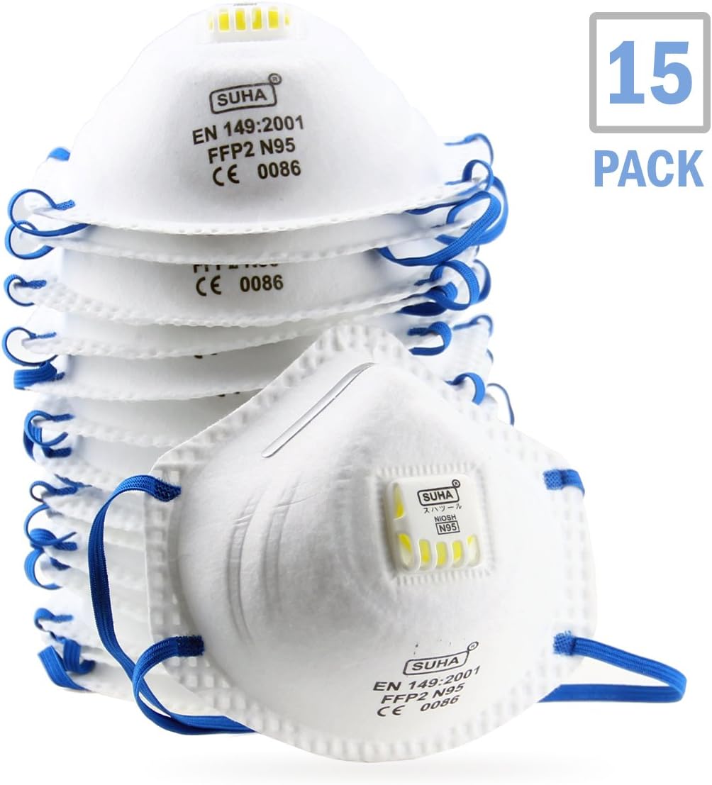 DCM Particulate Respirator N95 NIOSH Certified Safety Mask with Cool Exhalation Valve (15 Pack) Particle Dust Mask for Drywall Sanding, Grinding, Sawing, Painting and Insulating Particles