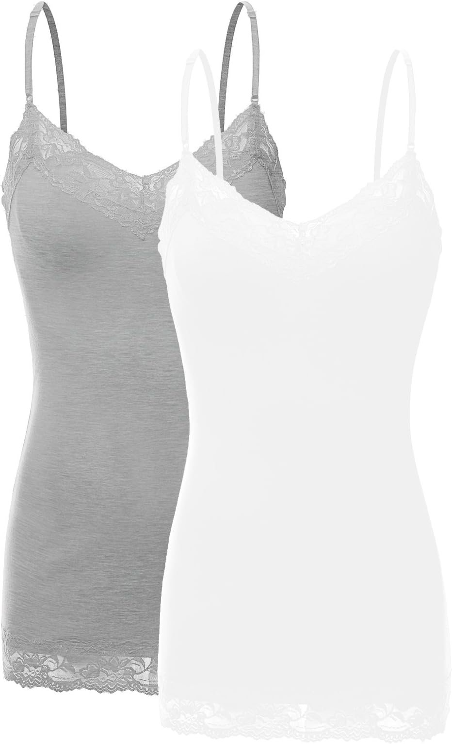 RT1004 Pack Ladies Adjustable Spaghetti Strap Lace Tunic Camisole 2Pack-HE.Gry/WHT S