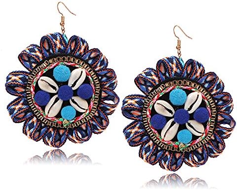 Handmade fabric sun flower earrings national wind tourism street shooting accessories Sen retro vintage shell hair ball decoration earrings