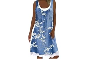 Mzkdieey Summer Dress for Women Sleeveless Floral Printed Loose Denim Dress Casual Scoop Neck Flowy Tank Jean Dresses