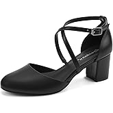 Greatonu Women's Low Block Heeled Dress Pumps Closed Round Toe Cross Strap Wedding Bridal Party Office Shoes 2.5 Inch