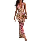 WDIRARA Women's Halter Cut Out Dress Floral Cheetah Print High Slit Dresses | Asymmetrical Hem ,Sexy , Mesh, Ruffle,Vacation, Beach