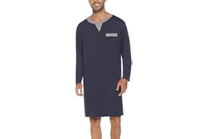 Yukiuiny Men Long Sleeve Nightshirt Knee Length Nightgown Cotton Sleep Shirt Lounge Wear with Chest Pocket