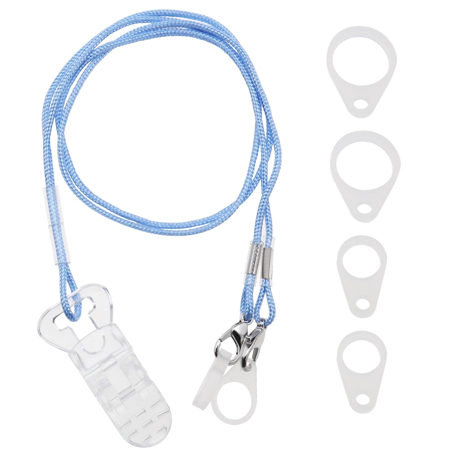 eMagTech Hearing Aid Clip Anti-Lost Lanyard Safety Retainer for Adults and Kids with 3 Assorted Sizes Silicone Loops & 1PCS Plastic Storage Box Light Blue