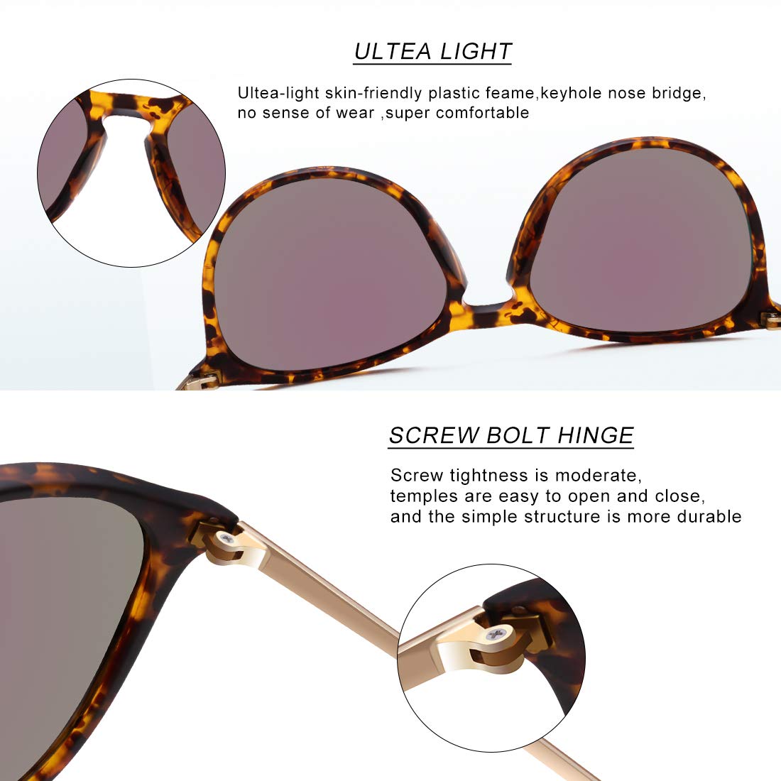 WOWSUN Polarized Sunglasses for Women Vintage Retro Round Mirrored Lens (Amber(tortoise) Frame + Green Mirrored Lens, 55)