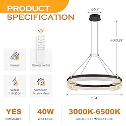 Benkut Modern LED Pendant Light Dimmable Black LED